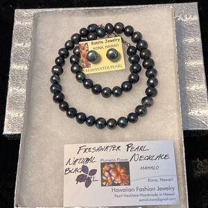 KANITA JEWELERS GENUINE FRESHWATER BLACK PEARL NECKLACE & EARRINGS SET STERLING